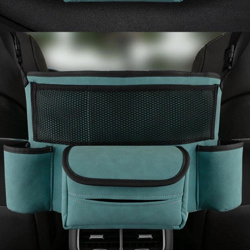 Suede Leather Dog Fences Organizers Bag Between Front Seats Auto Consoles Tissue Cup Storage Mesh Barrier Travel Accessories