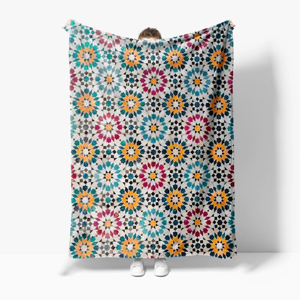 Mosaic Pattern Blanket Geometric Tile Throw Blanket Moroccan Style Bed Cover Floral Printed Sofa Cover Decorative Throw Blanket 75x90cm