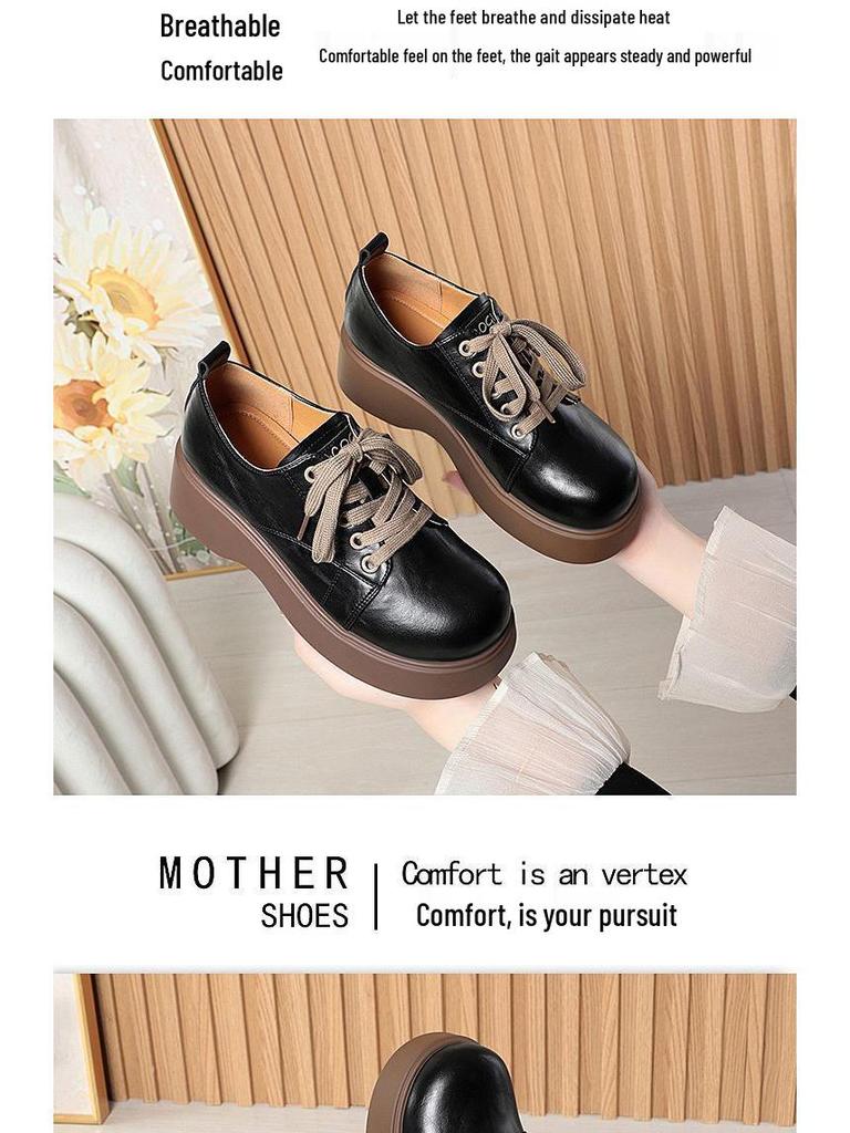 Women's Fashion Leather Loafers: Non-slip, Thick Sole, Lace-up, Casual, Versatile Shoes for Spring and Autumn.
