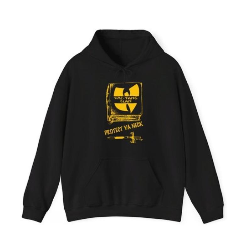 Felpa con Cappuccio Grafica Wu Tang Clan Double Sided Piccolo Stemma sul Petto Stampa Logo Grande sul Retro Felpa con Cappuccio Vintage Anni '90 Hip Hop Casual Streetwear Top Unisex