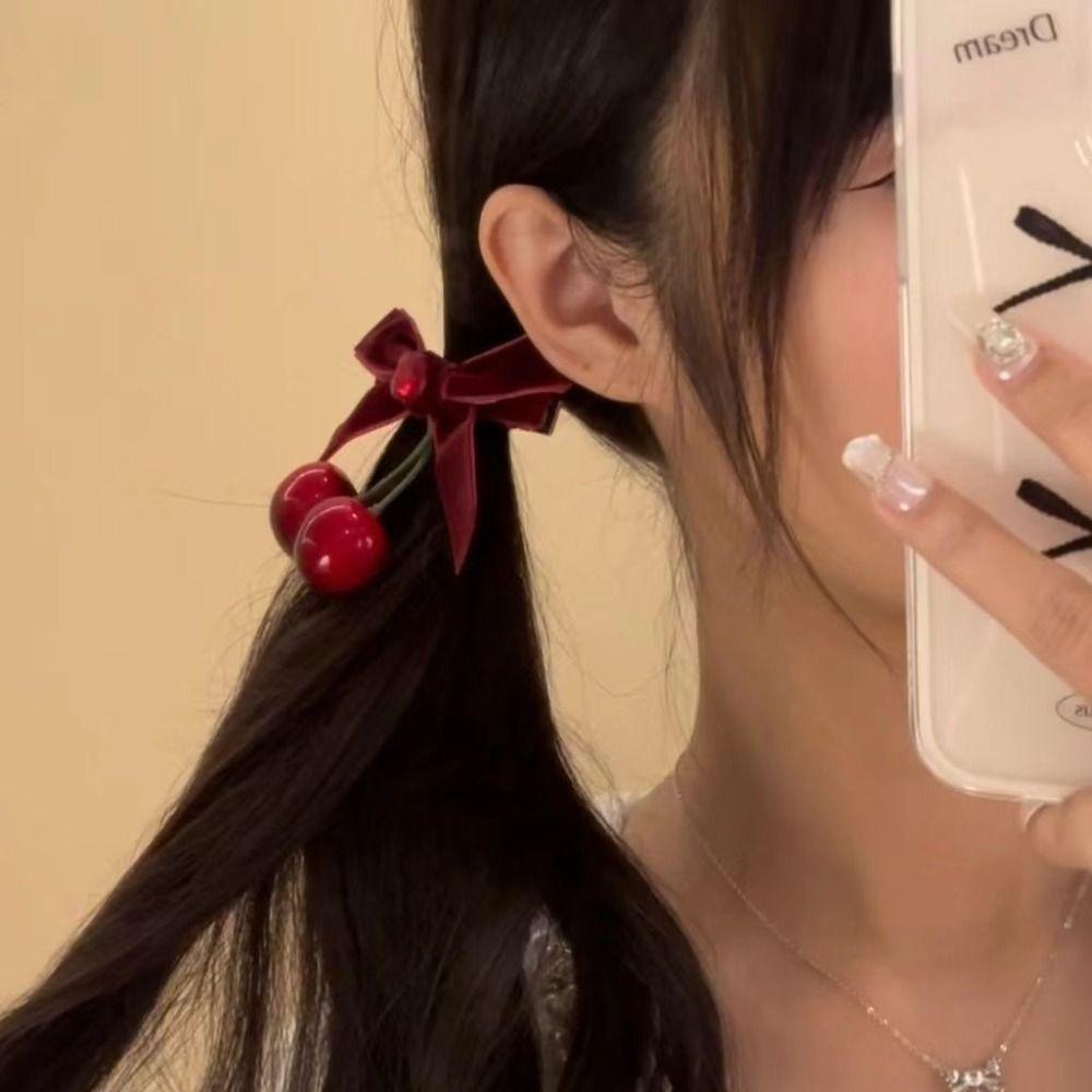 Red Velvet Velvet Bow Hair Clip Bowknot Cherry Hairpin Cute   Student