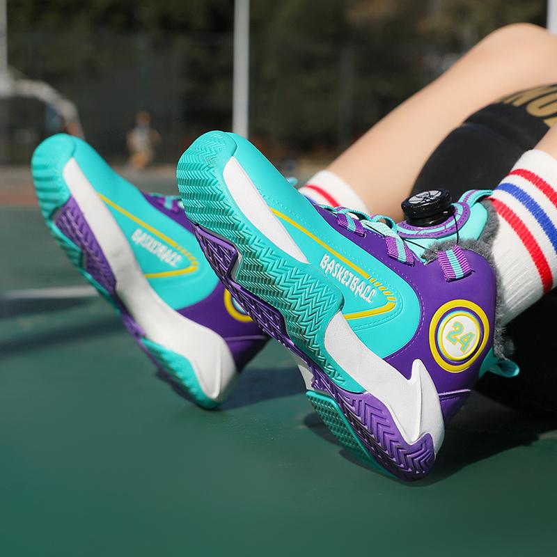 Autumn/Winter Warm Boys' Leather Rotating Buckle Basketball Shoes with Velvet, Children's Sports Professional Basketball Shoes