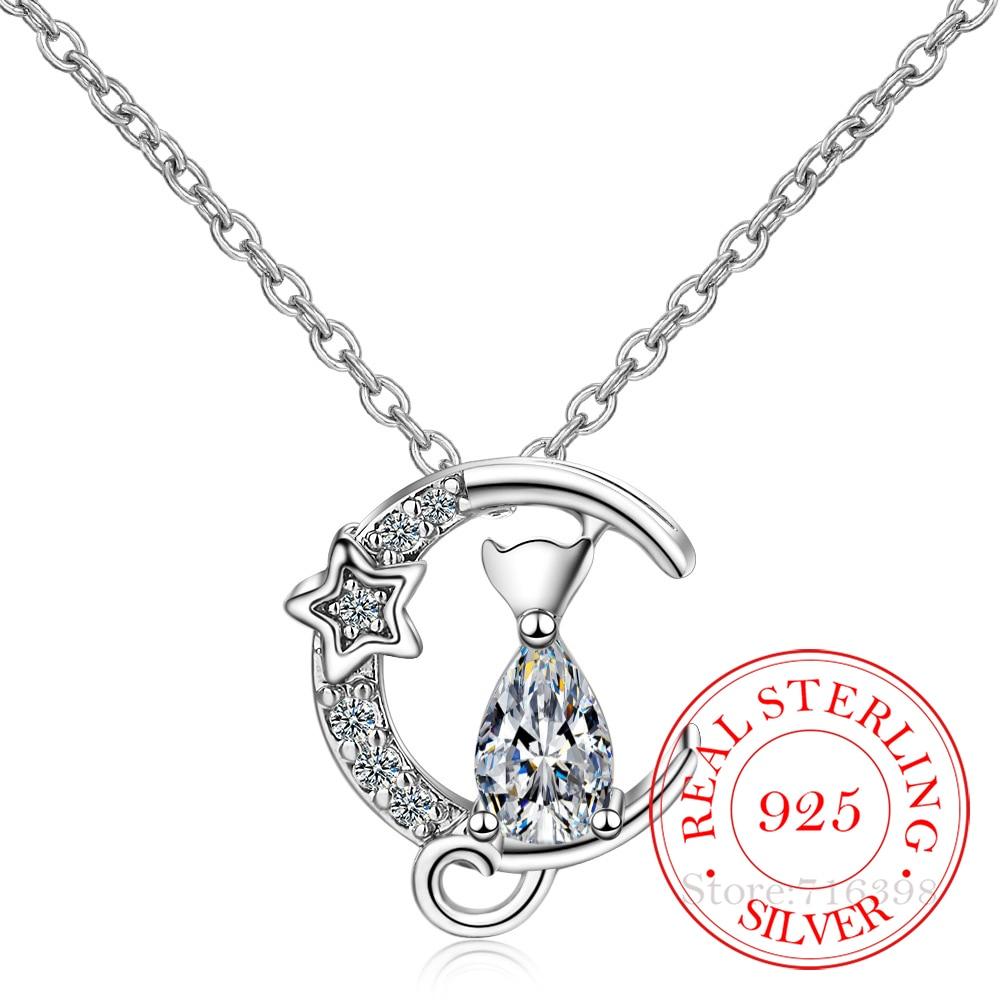 

Sale Authentic Sterling Tone Stylish Fashionable Moon Cat Women Necklaces Clear Cubic Zircon Luxurious Crystal Stone Sterling Tone