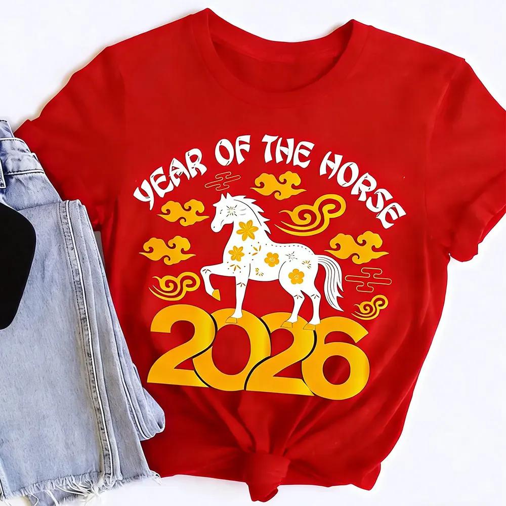 Women's Year of the Horse 2026 Short Sleeve T-Shirt Lunar New Year Chinese Sweatshirt Cotton Tshirt for Festive Occasions