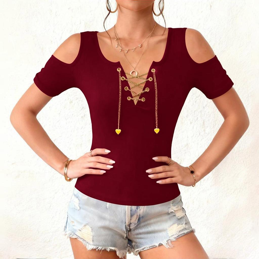 Womens Spring Tops Lace Up Cold Shoulder Design Summer Shirts for Women Casual Short Sleeve Womens Summer Shirts