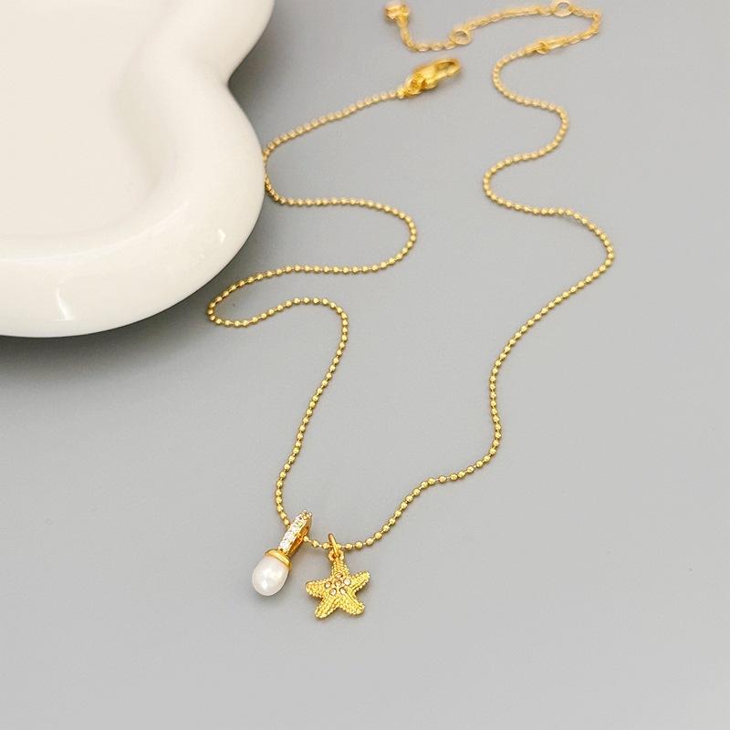 Fashion Versatile Neck Chain High Sense Light Luxury Freshwater Starfish Necklace Zircon Double Pendant Female Clavicle Chain