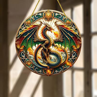 Yousheng Window Hanging Pendant with Lanyard Realistic Dragon Printing Round Shape Sun Catcher Home Office Garden Decoration Panel Pendant