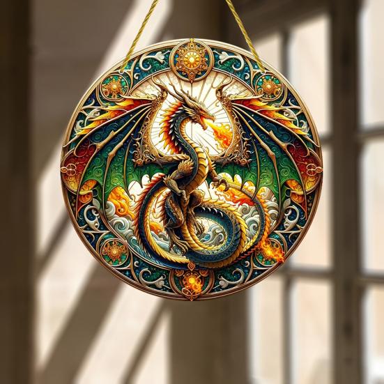Window Hanging Pendant with Lanyard Realistic Dragon Printing Round Shape Sun Catcher Home Office Garden Decoration Panel Pendant
