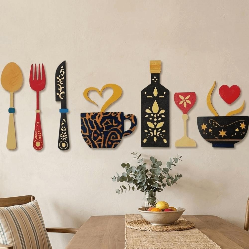 8PCS/SET Rustic Floral Kitchen Utensil Pendant Wood Coffee Cup Wall Sticker Wall Art Decals Bar