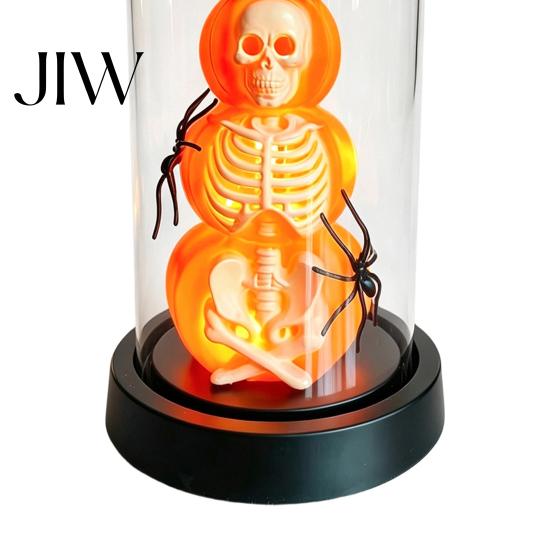 Creative Holiday Ornaments Halloween Pumpkin Skeleton Cloche Lamp, Lighted Stacking Skull In Clear Haunted House Decorations Dome with Witch