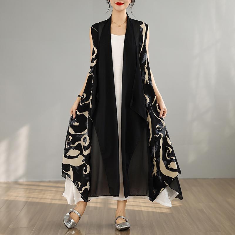 

DIMANAF 2025 Новое Лето Женский Безрукавный Длинный Жилет Большого Размера Базовое Модное Пальто Шифоновые Топы Футболки Повседневный Свободный XL жёлтый