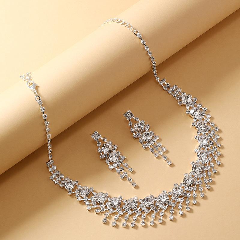 Bridal Jewelry Set: European & American Style White Crystal Rhinestone Necklace and Earring Set
