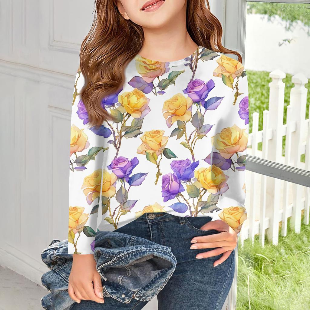 Girls Long Sleeve T Shirts Kids Fall Tops Crewneck Printed Basic Tees