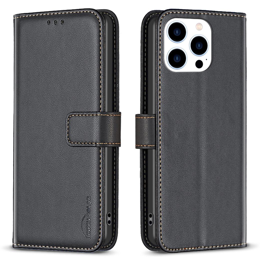 

BINFEN COLOR BF17 Для iPhone 15 Pro Max Защита от царапин Кошелек Подставка Чехол для мобильного телефона ТПУ+ПУ кожа Чехол для телефона Black