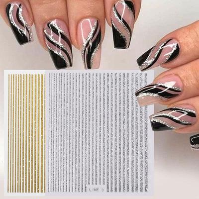 3D Lijnen Nagelstickers Holografisch Zilver Rose Goud Metalen Streep Letters Decals Curve Gel Nagels Art Sliders Manicure Decor