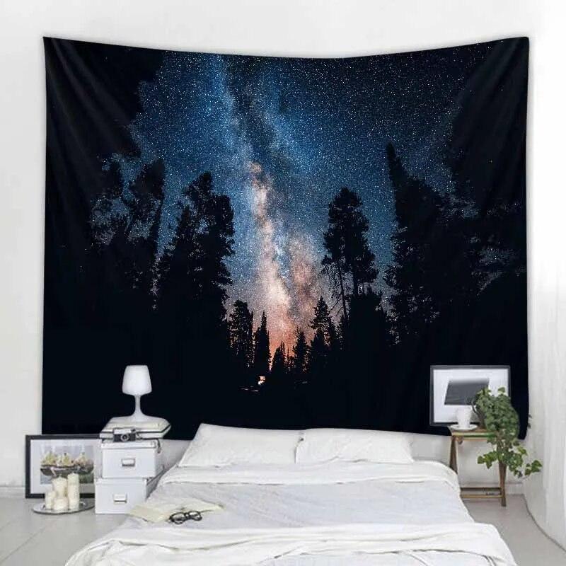 Starry Forest Tapestry Moonlight Night Psychedelic Bohemian Decoration Wall Hanging Home Room Art Background Decoration
