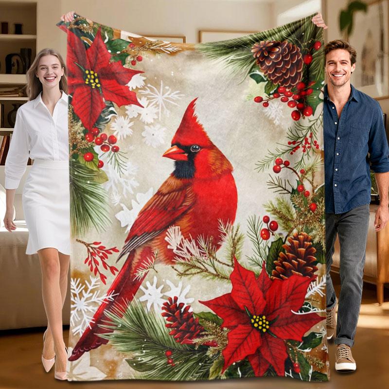 1 piece red cardinal and poinsettia flannel blanket, soft, suitable for sofa, bed, office, all-season use. 70x100cm