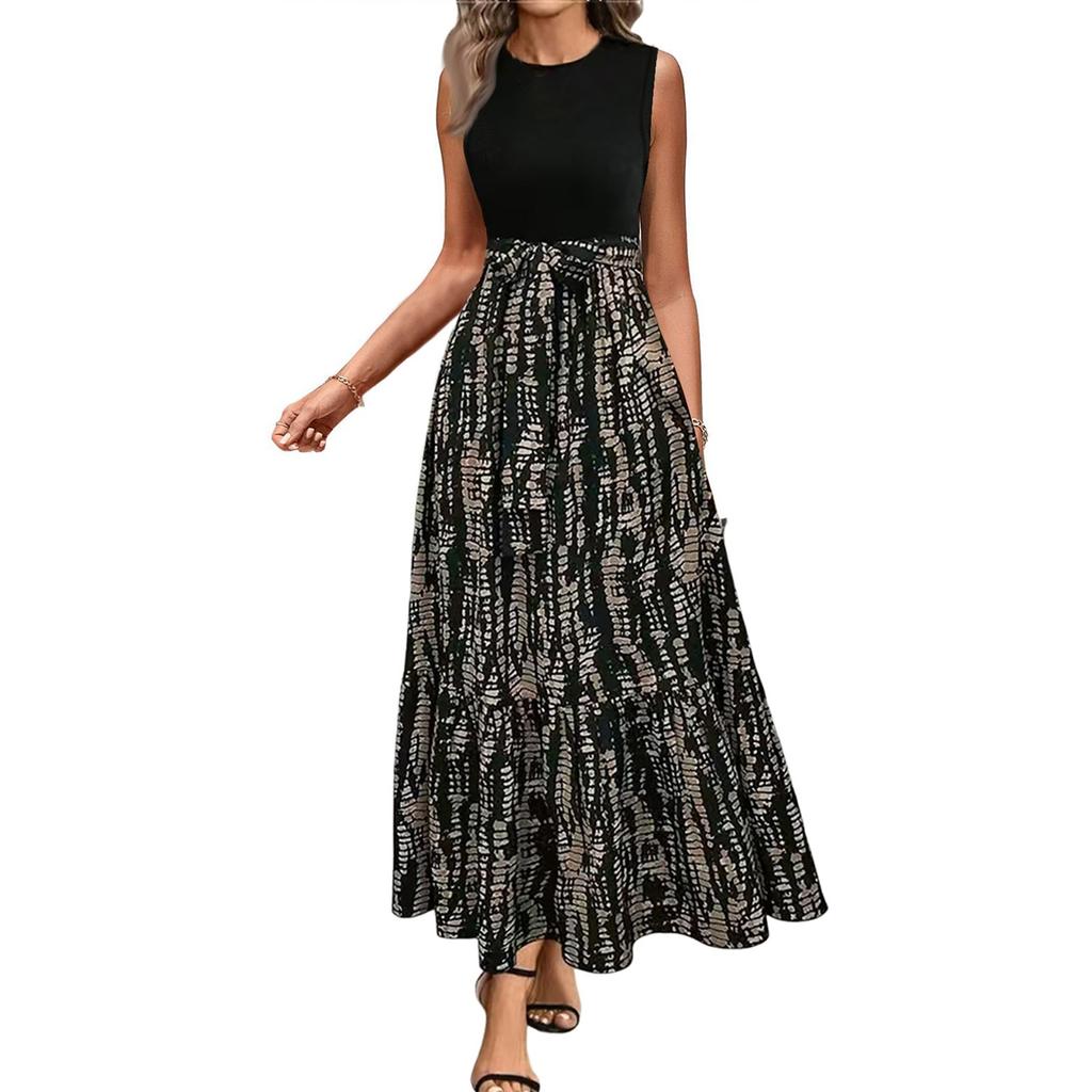 Women's Floral Print High Waist Fashionable And Elegant Sleeveless Dress
