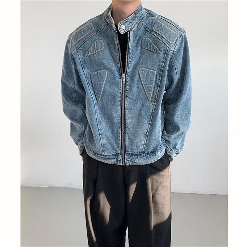 Мужская ретро синяя джинсовая куртка с 3D тисненым воротником и простроченными плечами L
