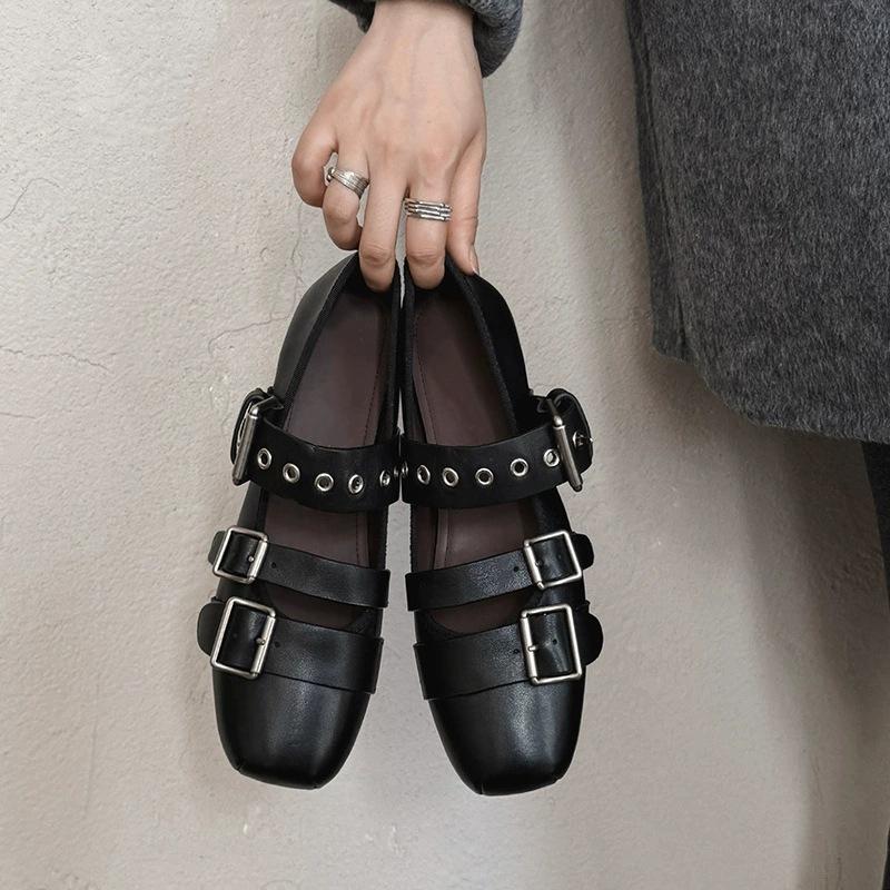 Punk Style 2025 Autumn New Ballet Style Mary Jane Shoes Women's Versatile Leather Shallow Mouth Square Head Belt Buckle Single Shoes