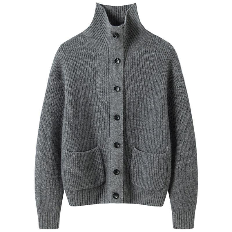 Autumn/Winter 2026 Women's Cashmere Lapel Cardigan - Ribbed Knit Single-Breasted Jacket
