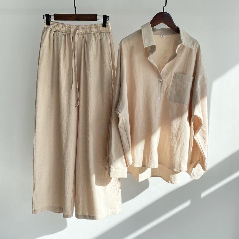 Women's Retro Plus Size 2-Piece Set: Cotton Linen Shirt & High Waist Wide Leg Pants