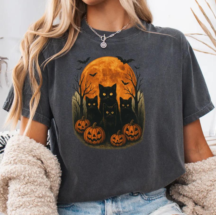 

Halloween Black Cat T-Shirt Pumpkin Moon Graphic Tee Vintage Spooky Party XL
