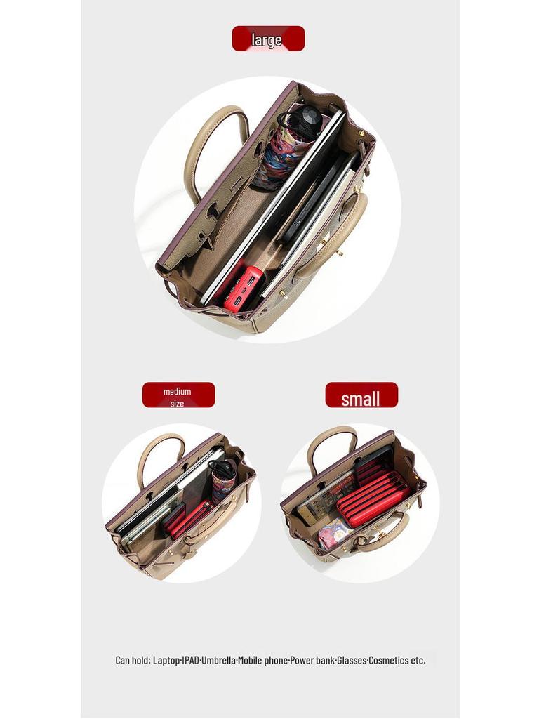 Wax Thread Lychee Grain Cowhide Leather Handbag with Lock Buckle - Women's Platinum Grade Purse