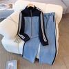 Pant Set Women Two Piece Sets Denim Splice Zipper Matching Sets Casual Coats Wide Leg Long Pants Lace Up Elastic Waist