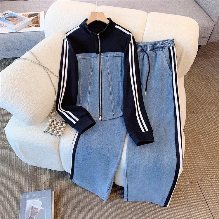 Pant Set Women Two Piece Sets Denim Splice Zipper Matching Sets Casual Coats Wide Leg Long Pants Lace Up Elastic Waist