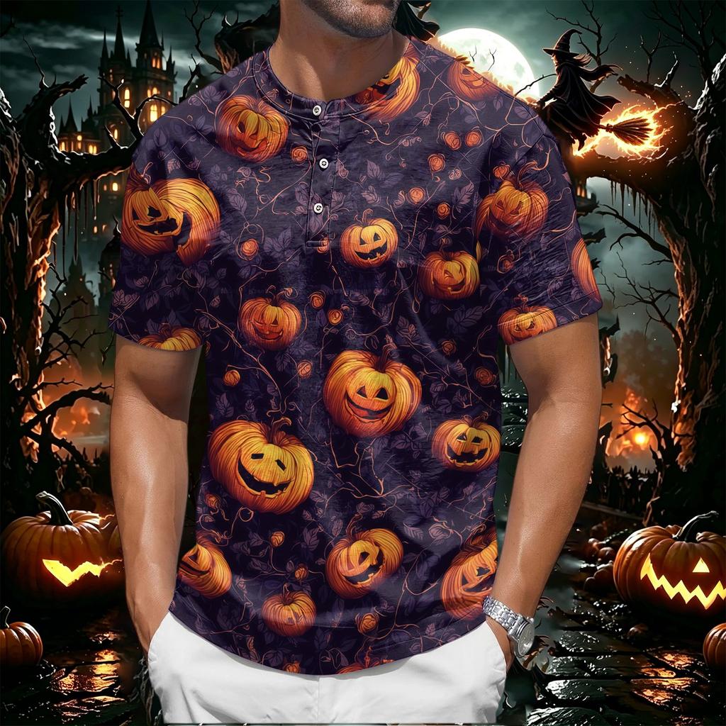 Men's Halloween Spider Web Print Short Sleeve Henley Shirt Casual Round Neck Button Front Top