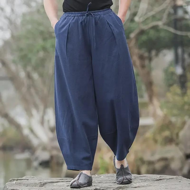 Men's Summer Cotton-Linen Wide-Leg Elastic Waist Pants