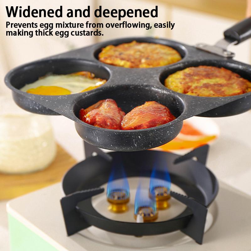 Non Stick 3 4 Hole Egg Frying Pan Wooden Handle Multi Section Skillet for Home Breakfast or Burger Making