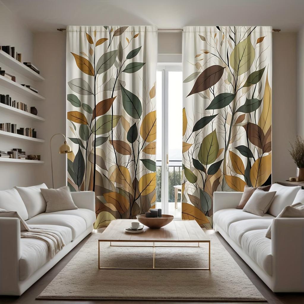 2pcs of HD Small Fresh Leaves Decorative Curtain Yellow Digital Printed Curtain Home Decoration Style Decoration Living Room Bed