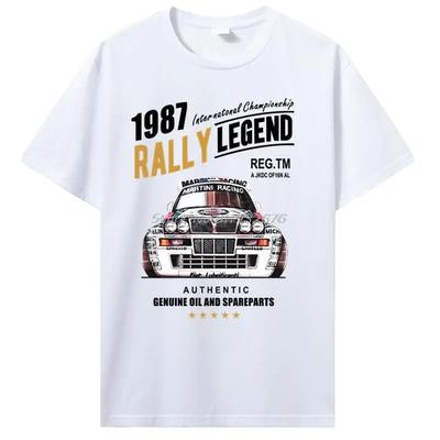 Vintage White Short-Sleeve T-Shirt Featuring 1987 International Championship Rally Legend Martini Racing Lancia Rally Car Graphic Print