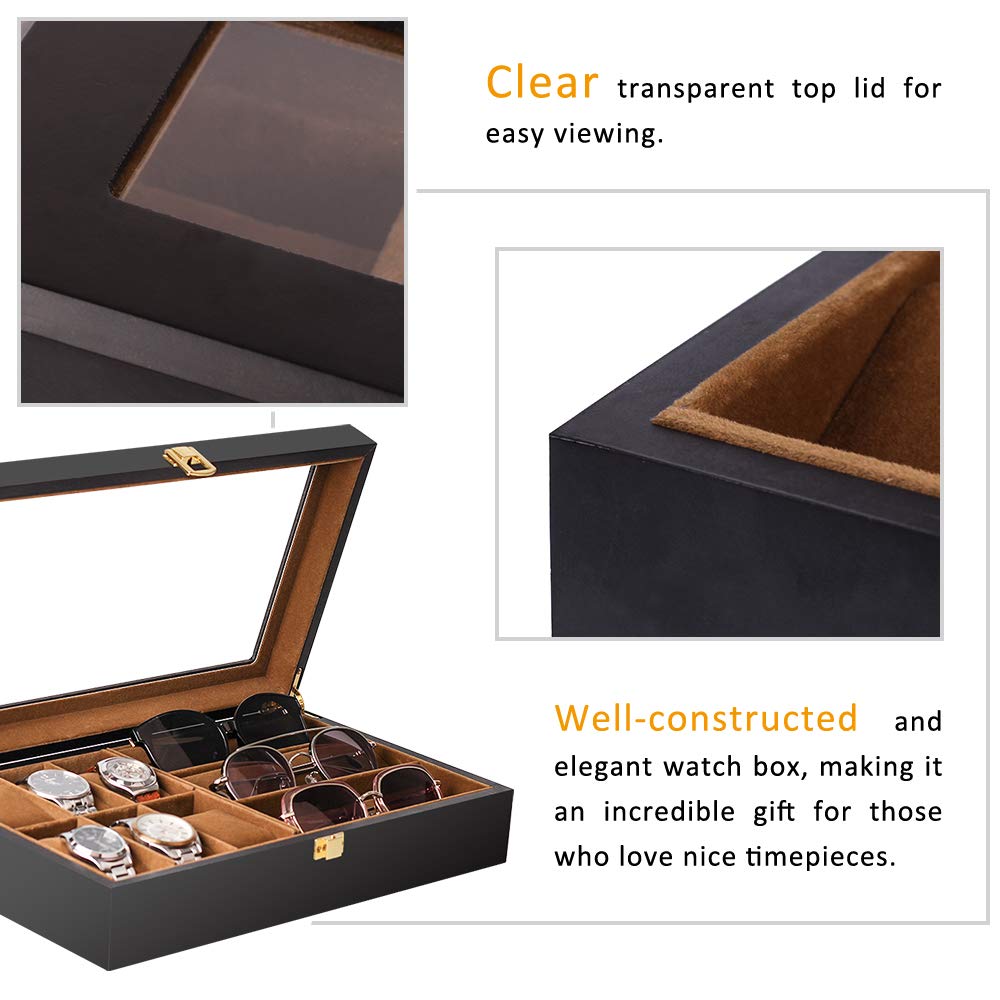 Baskiss Luxury Wooden Watch Case, Eyeglass & Sunglasses Storage Box, Fits 6 Watches or 3 Sunglasses, Perfect for Collecting Jewelry