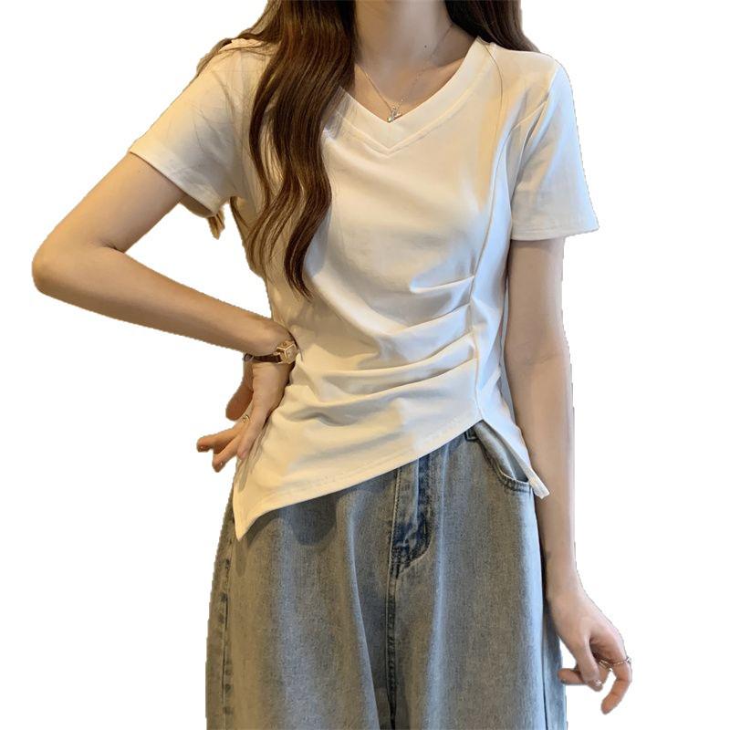 Plus Size Women's Summer 2025 V-Neck Short Sleeve T-Shirt, Belly-Covering Design