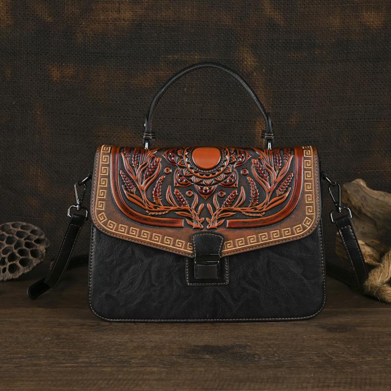 

Johnature Handmade Embossed Women Leather Bag Vintage Handbag Универсальные сумки через плечо и через плечо чёрный