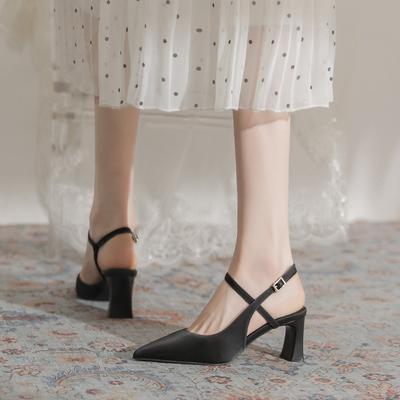 Baotou Sandals Women's Summer Cross with Pointed Toes Single Shoes Satin French Temperament Thick Heel Fashionable Versatile Black High Heels