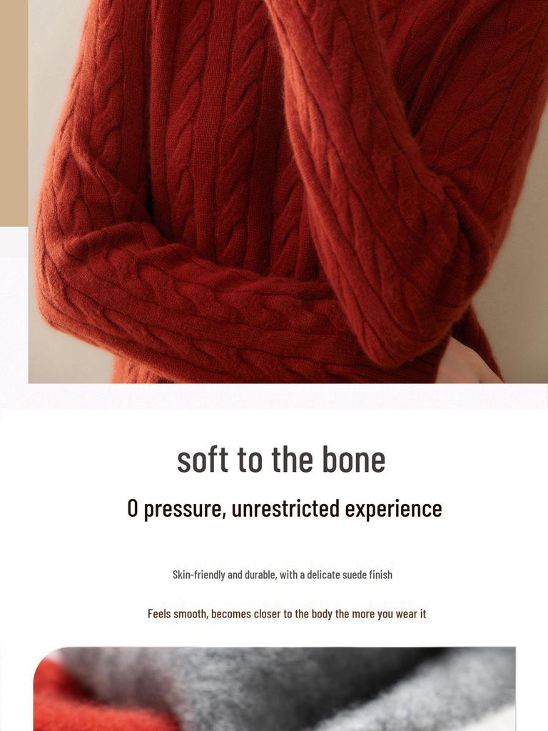 2025 Autumn/Winter Retro Old Money Style Women's Cashmere Round Neck Cable Knit Loose Sweater - Solid Color Base Layer