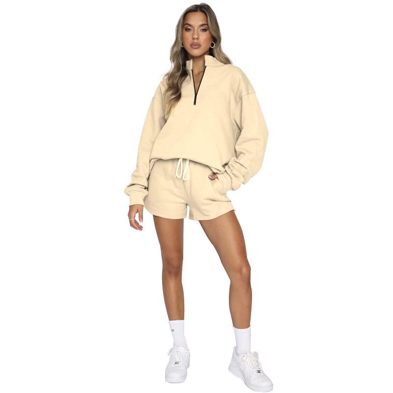 New Autumn-Winter Pure Color Stand Collar Zipper Pullover with Long Sleeves and Shorts: Women's Fashion Set