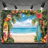 Hawaiian Tropical Summer Beach Background with Flamencos, Flowers, Aloha, Luau, Surfboard, for Parties, Photographic Studio Decoration