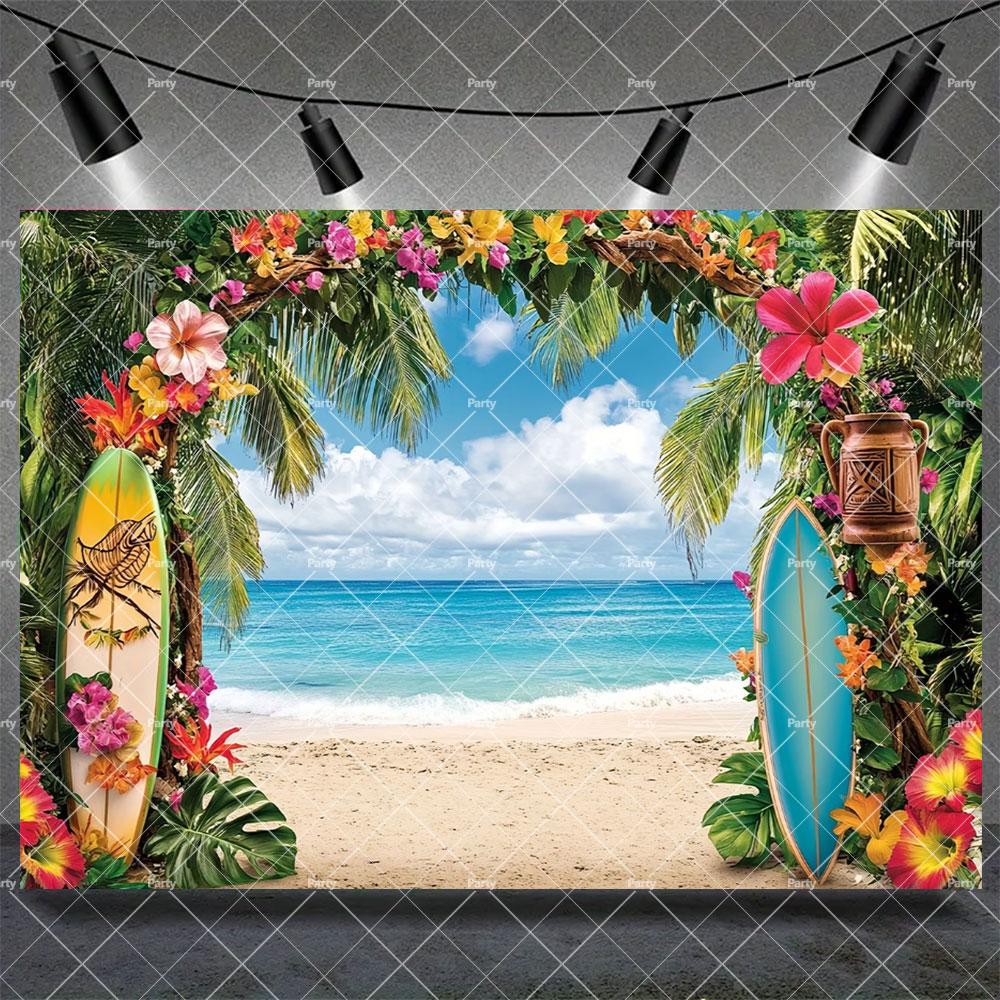 Hawaiian Tropical Summer Beach Background with Flamencos, Flowers, Aloha, Luau, Surfboard, for Parties, Photographic Studio Decoration
