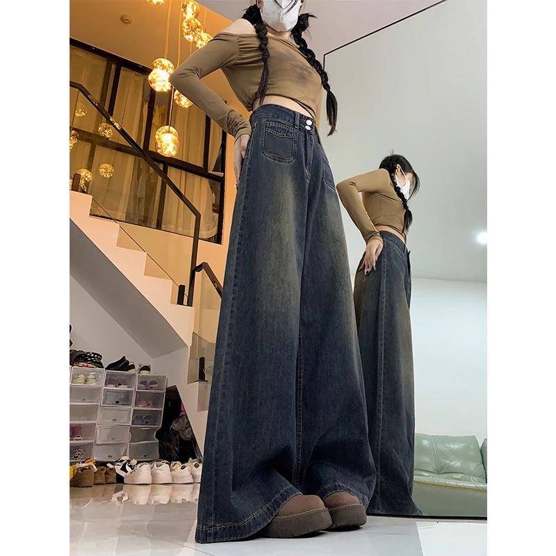 Women's High-Waisted Wide-Leg Jeans: Plus Velvet, Loose Fit, Plus Size, Perfect for Spring, Autumn, and Winter.