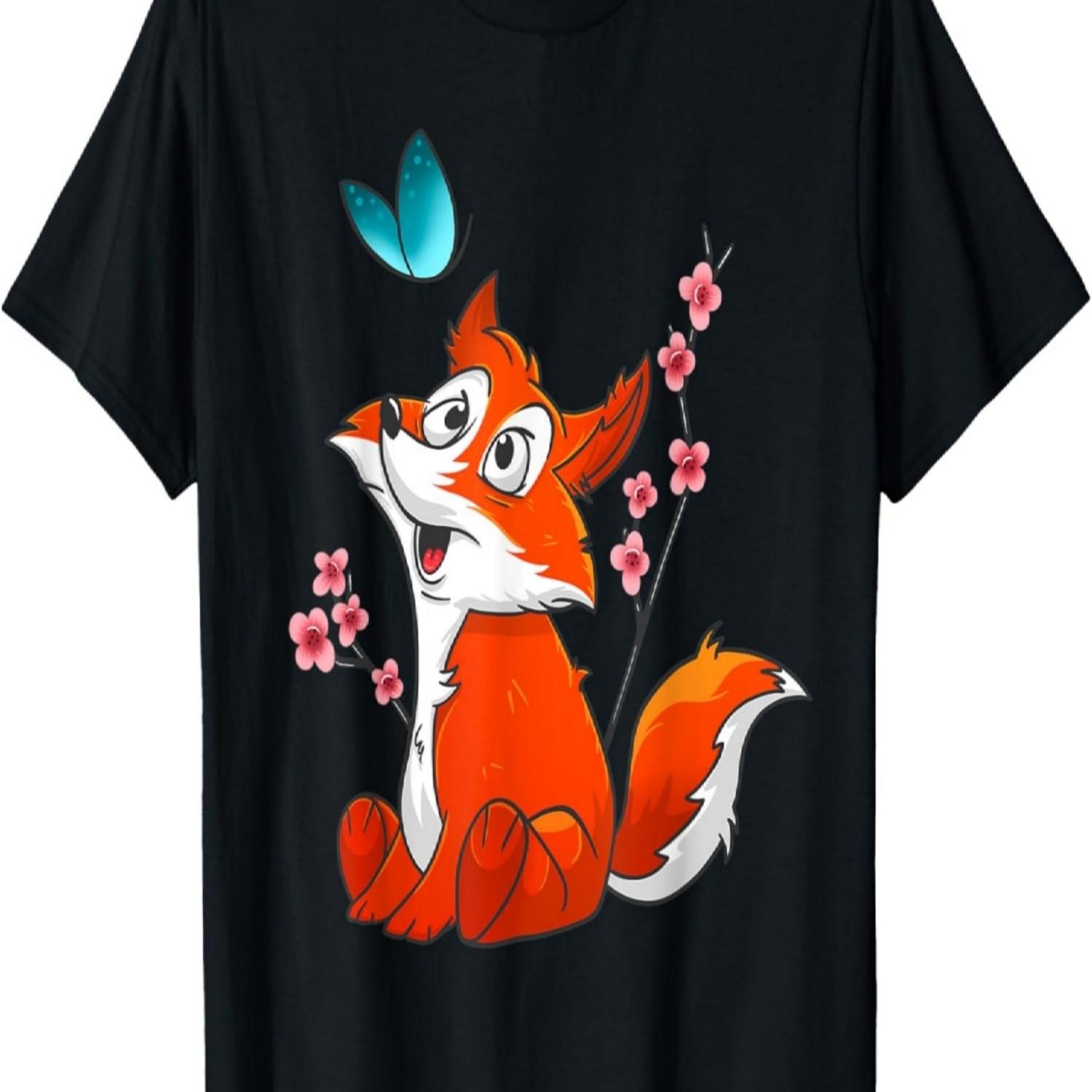 Cute Fox & Flower Graphics  Cherry Blossom for Girls T-Shirt S чёрный