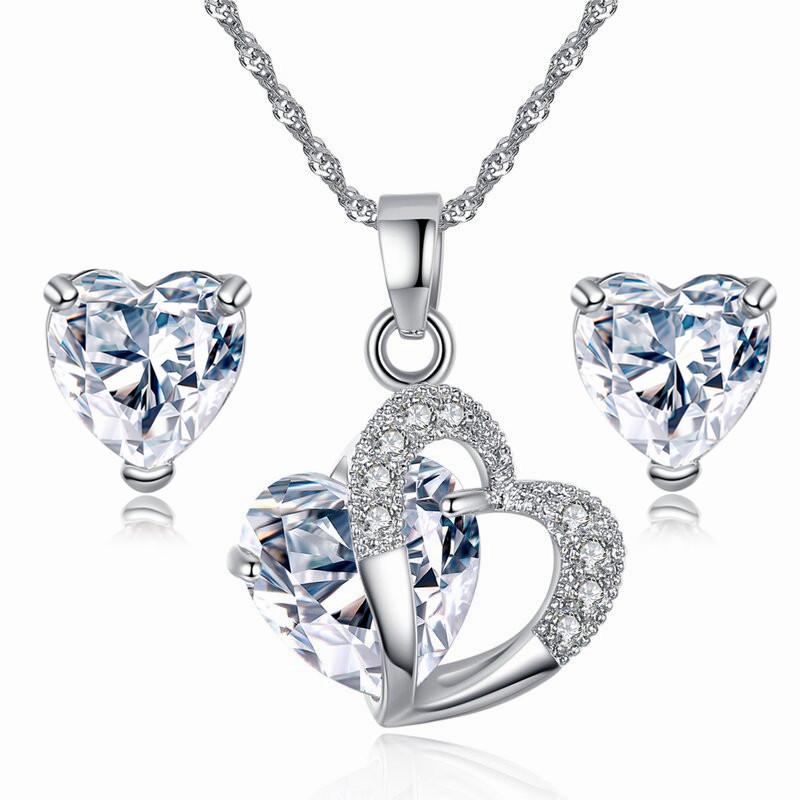 Heart-Shaped Bridal Jewelry Set: Crystal Zircon Necklace & Earrings