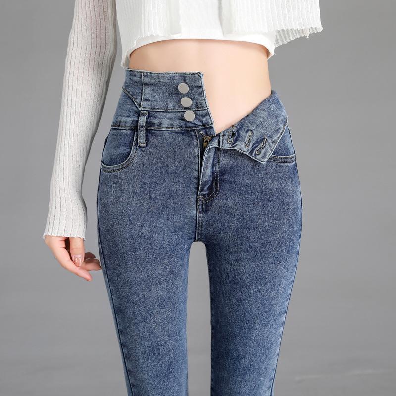 High-Waist Skinny Velvet-Lined Jeans - Women's Casual Japanese Korean Style, Autumn/Winter 2025.