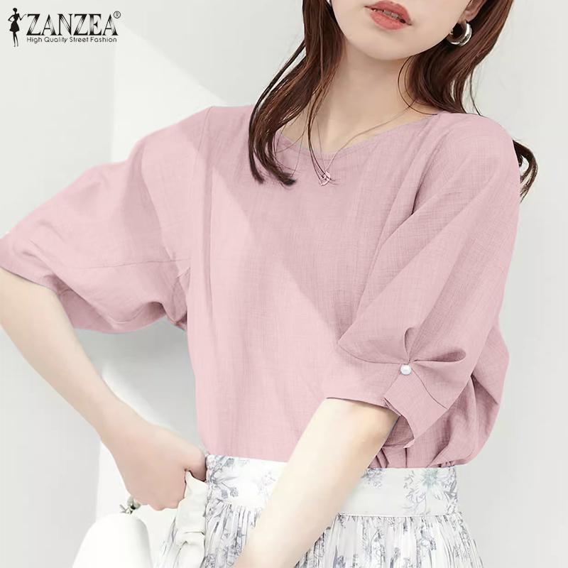 ZANZEA Women Casual Round Neck Puff Short Sleeve Solid Color Loose Straight Blouses