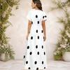 Women Plus Size V Neck Short Sleeve Polka Dot Printed White Black Straight Maxi Dress