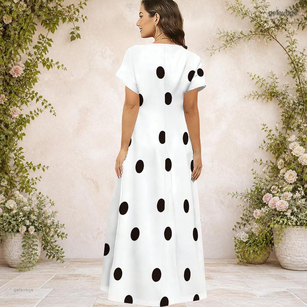 Women Plus Size V Neck Short Sleeve Polka Dot Printed White Black Straight Maxi Dress